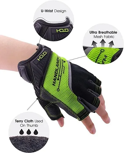 Vista 2 de HANDLANDY Guantes de trabajo sin dedos a granel, paquete de 12 pares para hombres y mujeres, guantes de trabajo acolchados de medio dedo
