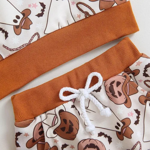 Vista 7 de Conjunto de sudadera de calabaza para niñas pequeñas de Halloween y pantalones cálidos, ropa de otoño e invierno