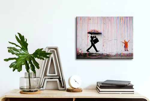 Vista 4 de Wieco Art Banksy Lluvia o Graffiti Colorido Callejero Famoso Pinturas en Lienzo Arte de Pared Moderno Inspirador Imágenes de Amor en Gris Impresión