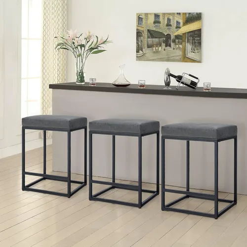 Vista 11 de Juego de 4 taburetes de bar marrones para encimera de cocina, taburetes de bar modernos sin espalda de 24 pulgadas, taburetes de bar industriales