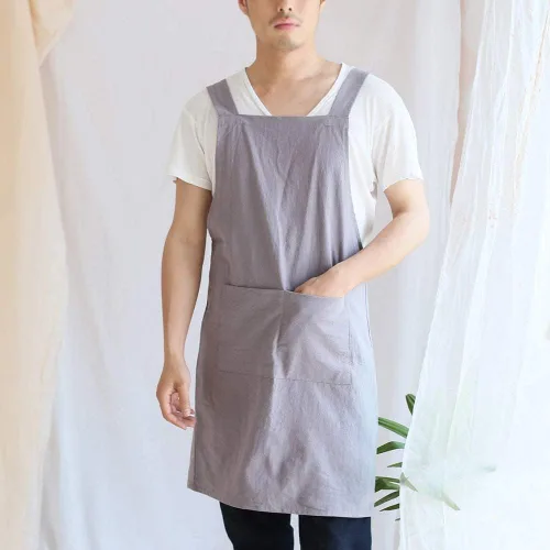 Vista 2 de Delantales japoneses de lino y algodón, delantales de cocina con espalda cruzada con 2 bolsillos para mujeres, para hornear, pintura, jardinería