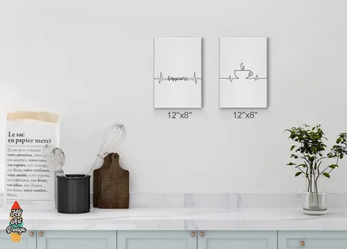 Vista 2 de HB Art Design Coffee Happiness Line Art 2 Panel Canvas Print Set Wall Art Coffee Bar Decor Coffee Signs Kitchen Wall Decor Dining Room Restaurant
