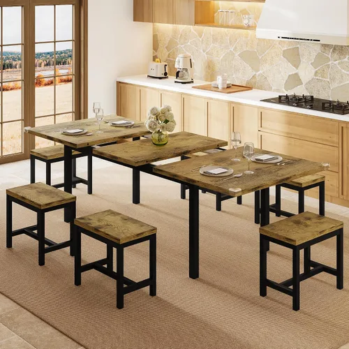 Vista 14 de Einhomn Juego de Mesa de Comedor de 5 Piezas para 4-6, Mesa de Cocina Extensible de 63" con 2 Bancos y 2 Taburetes, Estructura de Metal y Tablero