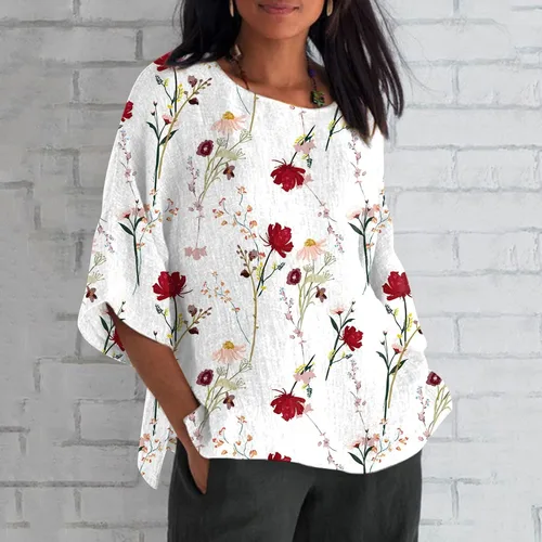 Vista 2 de Blusas para mujer, estilo casual, manga 34, algodón, lino, vintage, estampado floral, cuello redondo, ajuste holgado