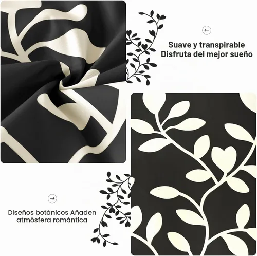 Vista 4 de Juego de edredón tamaño King, 7 piezas con estampado botánico floral blanco en negro, juego de edredón con sábanas, juego de ropa de cama