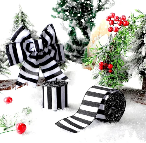 Vista 3 de Syhood - 20 yardas 2 rollos de cinta negra y blanca, cinta decorativa de rayas horizontales de Navidad, cinta espiral con alambre para decoración