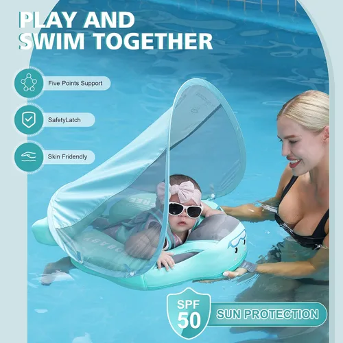 Vista 2 de Mambobaby Flotador de piscina para bebé con toldo extraíble – Flotador de natación infantil no inflable con diseño de cola antideslizante