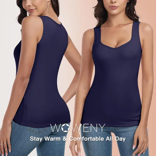 Vista 3 de WOWENY Camiseta sin mangas de forro polar térmico para mujer, sin mangas, cuello corazón, chaleco de invierno, ropa interior, camiseta cálida