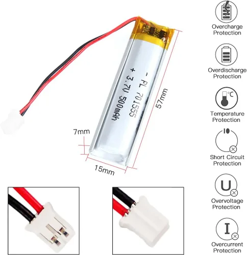 Vista 3 de 3.7V 500mAh Batería de Polímero de Iones de Litio Recargable Li-ion Li-Po con Conector de 2P PH 2.0mm de Pitch
