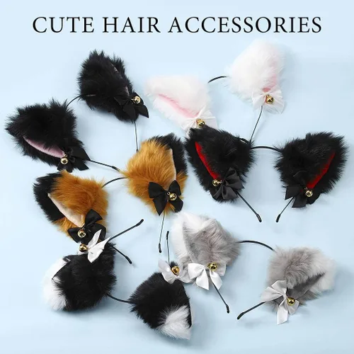 Vista 7 de Uranian Diadema de orejas de gato con campanas y orejas de neko para el cabello accesorio para el cabello de anime para cosplay de Halloween