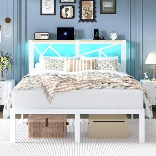 Vista 9 de DynJest Marco de cama de metal tamaño individual con luces LED, cabecera con almacenamiento y estación de carga, moderna cama de plataforma