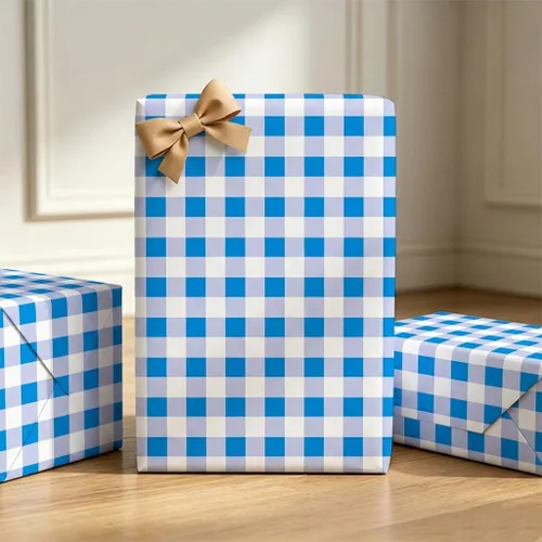 Vista 2 de Burymento Papel de regalo de tablero de ajedrez azul, papel de regalo para cumpleaños, baby shower, San Valentín, día de la madre, graduación, boda