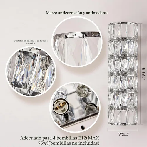 Vista 2 de Aplique de pared de cristal cromado de 6 capas, elegante y moderno, adecuado para baño, escalera, cocina, sala de estar, dormitorio, pasillo, 60 W
