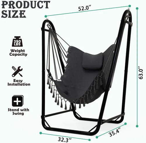 Vista 6 de Silla hamaca única en forma de U con soporte, resistente y resistente al óxido, silla hamaca de algodón gris gratis