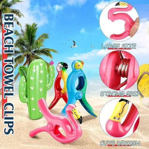 Vista 3 de Sieral 8 clips para toallas de playa, pinzas para sillas de playa, loro flamenco, soportes para toallas de alta resistencia, alfileres de ropa