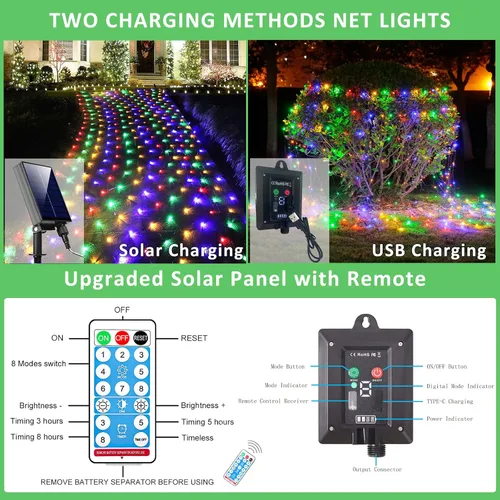 Vista 5 de Luces Solares de Red para Exteriores, 360 LED USB Luces de Malla Multicolor Impermeables para Arbustos, 21 pies x 5 pies, 8 Modos Luz de Cadena
