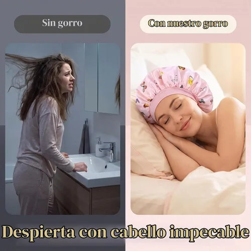 Vista 4 de 3 piezas de gorro de seda satinada con banda elástica ancha para dormir