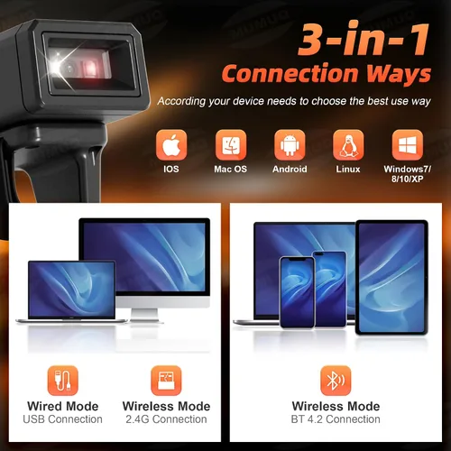 Vista 6 de Escáner de código de barras con anillo Bluetooth, escaneo rápido y de largo alcance, mini escáner inalámbrico portátil 1D y 2D Bluetooth de código