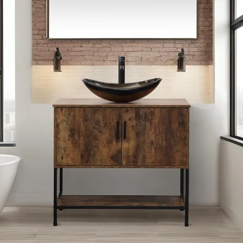 Vista 12 de UEV Juego de tocador de baño antiguo de 24 pulgadas, color marrón oscuro con lavabo, armario de baño de madera de hierro con grifo de temperatura