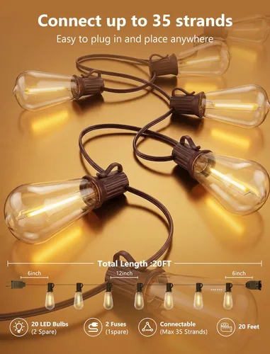 Vista 2 de Guirnalda de luces LED ST40 de 20 pies, luces vintage Edison para patio con 22 bombillas inastillables, luces colgantes impermeables para Marrón