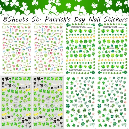 Vista 6 de 8 calcomanías de arte de uñas del día de San Patricio, trébol verde 3D, calcomanías autoadhesivas para uñas del día de San Patricio, suministros