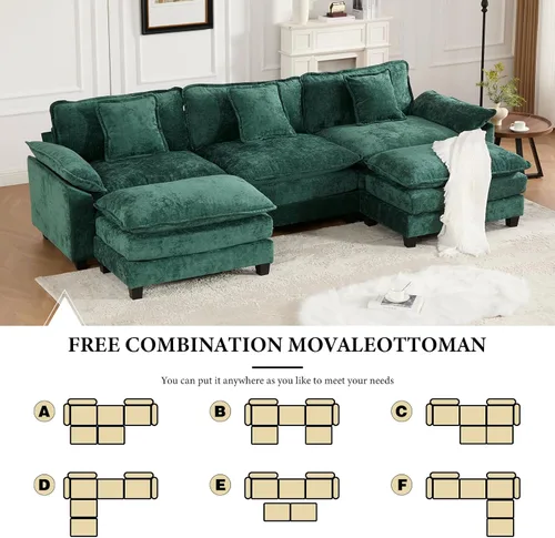 Vista 177 de Sofá seccional modular verde de 111.5", sofás seccionales grandes de 3 plazas para sala de estar, sofá nube oversized de tela chenille con otomana