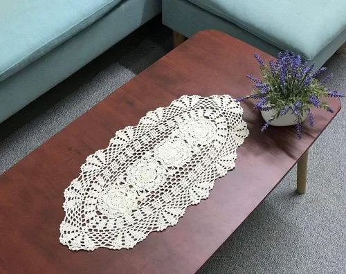 Vista 2 de Hetao Mantel oblongo, 100% algodón, hecho a mano, 12 x 27 pulgadas, color beige
