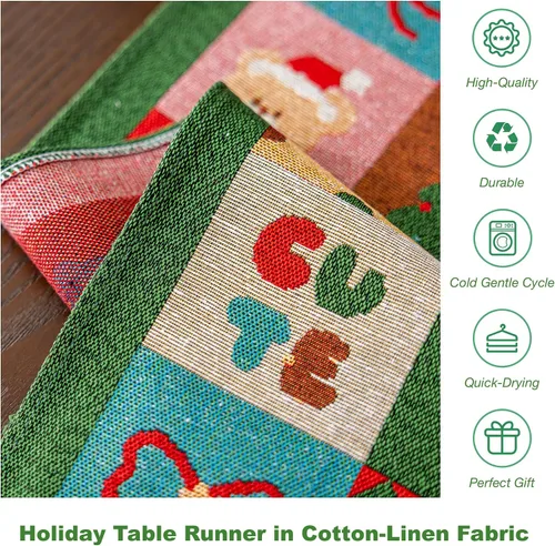 Vista 2 de Camino de mesa navideño con borlas de pompones, decoración de mesa de mezcla de lino y algodón para mesa de comedor, tocador, chimenea