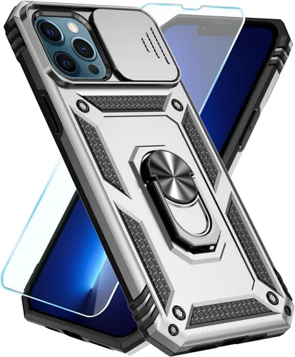 Vista 6 de SunStory Funda compatible con iPhone 12 Pro Max con protector de pantalla HD, cubierta de cámara deslizante y soporte de anillo giratorio
