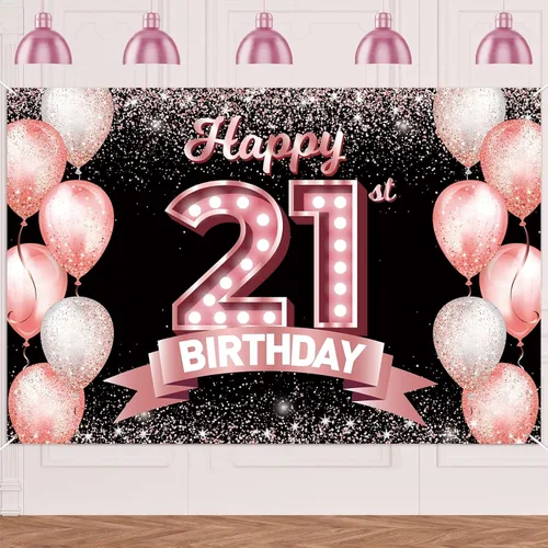 Vista 173 de Cartel de feliz cumpleaños décimo oro rosa, telón de fondo, saludos a 10 años, globos de confeti, decoración temática para niñas de 10 años