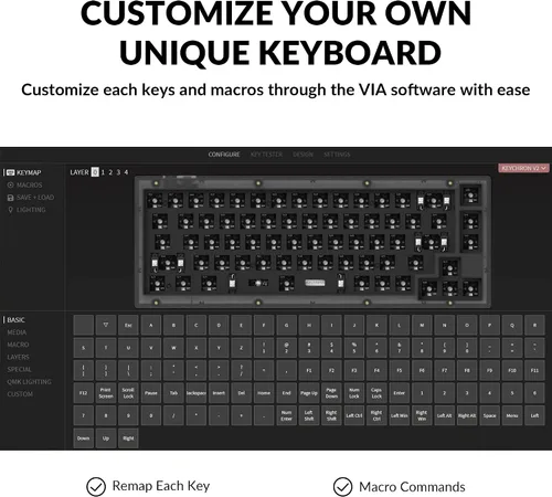 Vista 3 de Keychron V2 - Teclado mecánico personalizado con cable, versión barebone, diseño del 65% QMKVIA, macro programable con soporte intercambiable