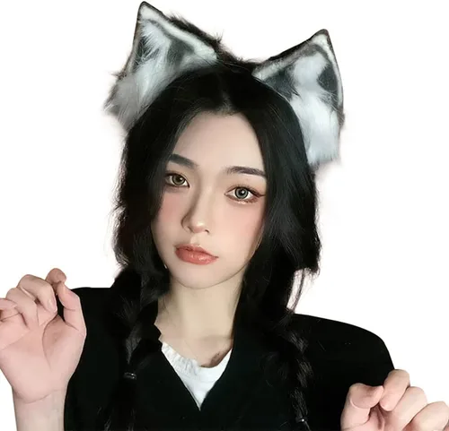 Vista 2 de VIGVAN KYC Orejas de animales Kawaii de peluche con orejas de gato para el cabello, tocado para Halloween o cosplay
