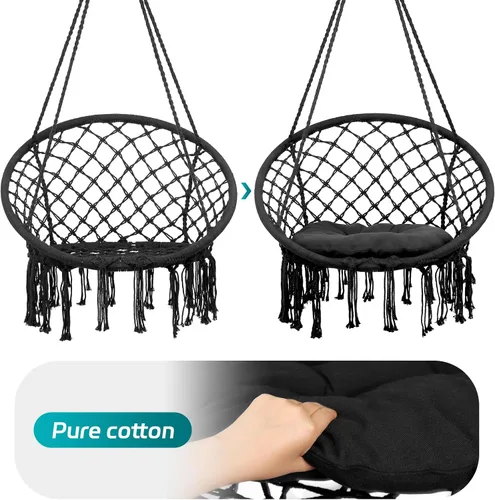 Vista 6 de Silla colgante tejida a mano de cuerda de algodón, silla hamaca, máximo 330 libras, silla de columpio de cuerda de malla tejida hecha a mano
