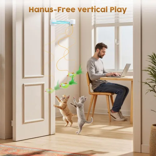 Vista 2 de Juguetes interactivos para gatos de interior: varita de plumas de ave voladora automática, ejercicio de persecución, enriquecimiento, estimulación