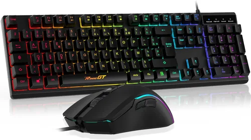 Vista 2 de RaceGT AZERTY - Teclado y mouse para juegos, teclado y mouse con cable, teclado retroiluminado ergonómico, teclado silencioso para PC con teclado