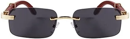 Vista 2 de Laurinny Lentes de sol rectangulares de metal dorado con lente tintada, patillas de madera de los años 90, gafas retro para mujeres y hombres