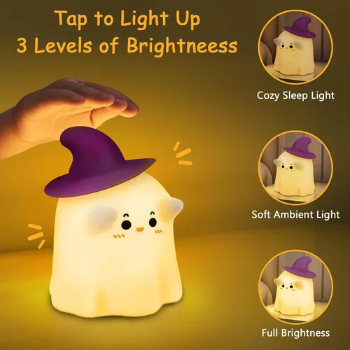 Vista 4 de Luz nocturna fantasma, luz nocturna de Halloween con temporizador, lámpara táctil suave y exprimible, lámpara recargable y regulable