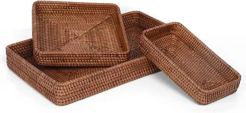 Vista 8 de YANGQIHOME Bandeja de ratán tejida a mano de 14.6 pulgadas con asas, bandeja rectangular de mimbre para mesa de café, desayuno, bebidas, frutas