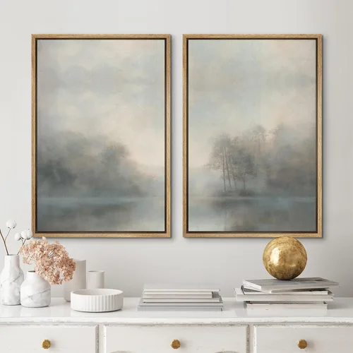 Vista 2 de MUDECOR Lienzo enmarcado para pared, bosque brumoso, reflejos, paisaje tranquilo, ilustraciones modernas, arte decorativo, bohemio, tranquilo/zen