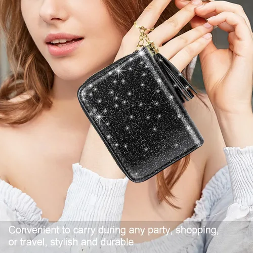 Vista 5 de Billetera pequeña para tarjetas de crédito RFID con purpurina linda para mujer