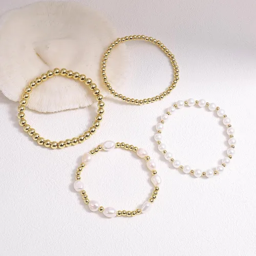 Vista 7 de Pulseras de cuentas de oro para mujer, perlas barrocas apilables, chapadas en oro de 14 quilates, pulsera de bolas elásticas para regalo de joyería