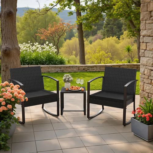 Vista 6 de Homall - Juego de muebles de patio de 3 piezas de resina para uso en exteriores - Juego de bistró con sillas de columpio acolchadas y mesa para Negro