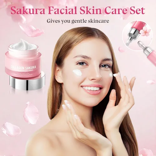Vista 2 de Set de cuidado de la piel - Kit de cuidado de la piel de viaje, juego de colágeno Sakura con máscara, crema de ojos, limpiador, suero, crema facial