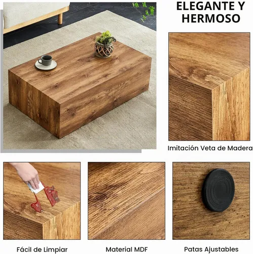 Vista 6 de Mesa de café rústica marrón para sala de estar, mesas centrales rectangulares modernas, elegante mesa de cóctel de madera para oficina en casa
