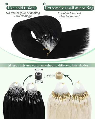 Vista 3 de Ugeat - Extensiones de cabello humano con microanillo, 14 pulgadas, extensiones de cabello Remy con microcuentas de 1 gm/hebra, 50 gms, extensiones