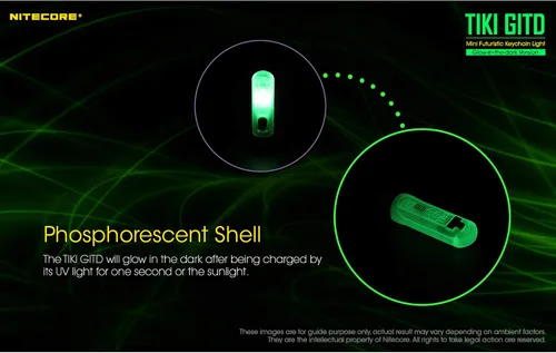 Vista 3 de Nitecore Tiki GITD Verde Linterna de Llavero con Luz UV y Alto CRI, 300 Lúmenes para Uso Diario USB Recargable y Cable de Carga USB-C