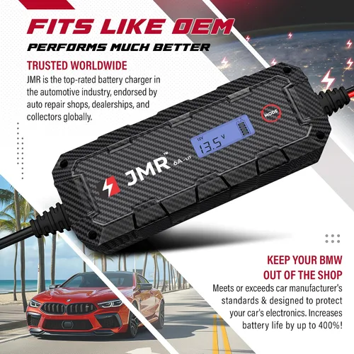 Vista 3 de Cargador de batería JMR 12V para BMW, puerto Cig de 12V, añade modo de litio Cargador de goteo acondicionador mantenedor para M5 M4 X6 X5 i8 Z4 M8
