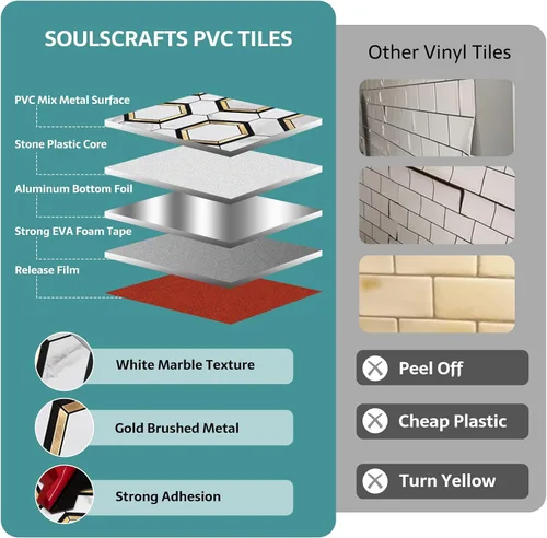 Vista 6 de Azulejos hexagonales para salpicaduras de pelar y pegar, mármol blanco con oro, PVC mezclado de metal de 10 hojas, azulejos hexagonales para cocina