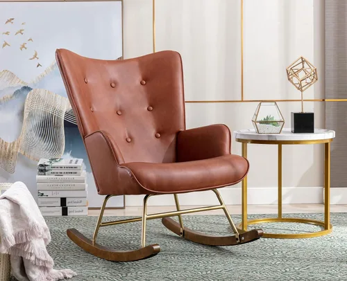 Vista 8 de Sillón mecedor de piel sintética, silla moderna de lectura para sala de estar, dormitorio, oficina, espacios pequeños, color marrón