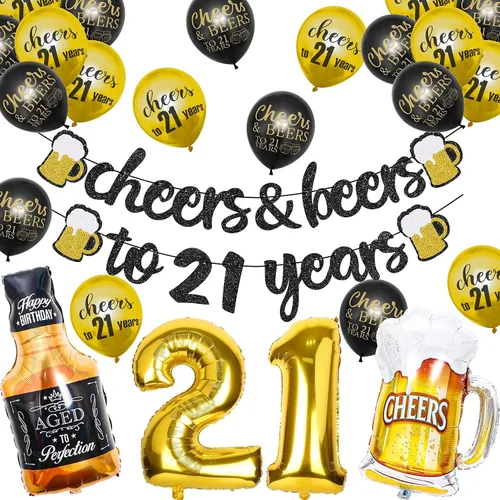 Vista 8 de 21st Birthday Anniversary Decorations for Men Women (Black Gold) Gold Foil Balloon, Cheers Cup Foil Balloon for Wedding Anniversary Party Supplies